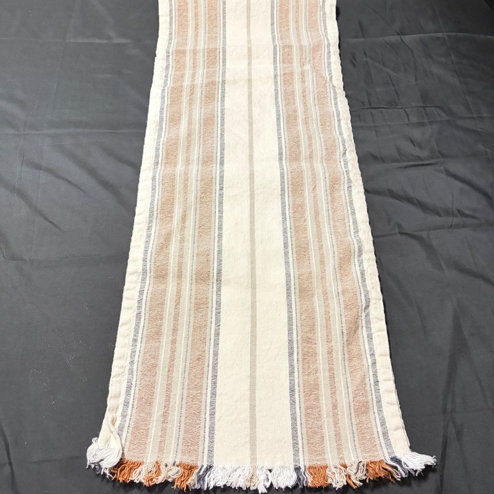 Farmhouse Stripe Table Runner 13x70 Fringe Neutral Tan Gray Cottage Decor Boho
